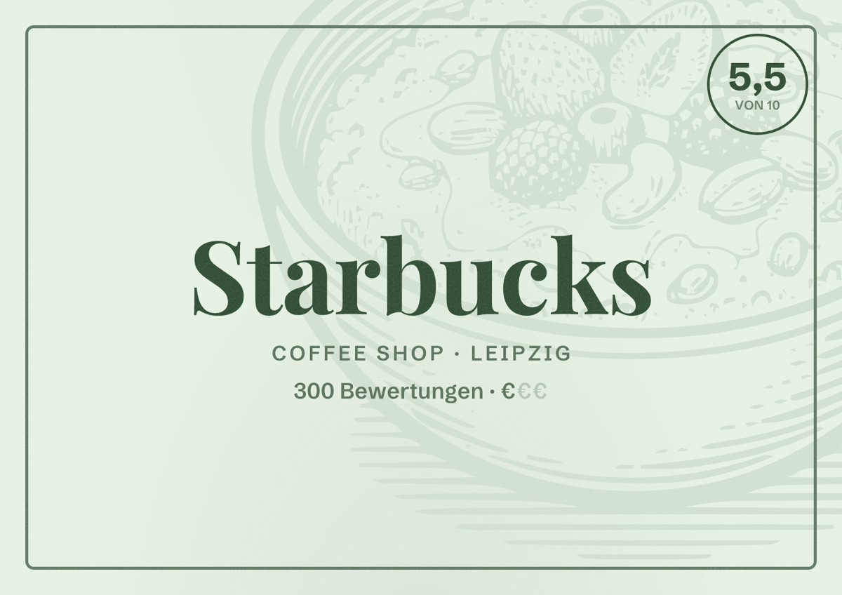 Illustriertes Poster von Starbucks, Coffee Shop in Leipzig: Bewertung 5,5 von 10 aus 300 Bewertungen, Preisniveau €