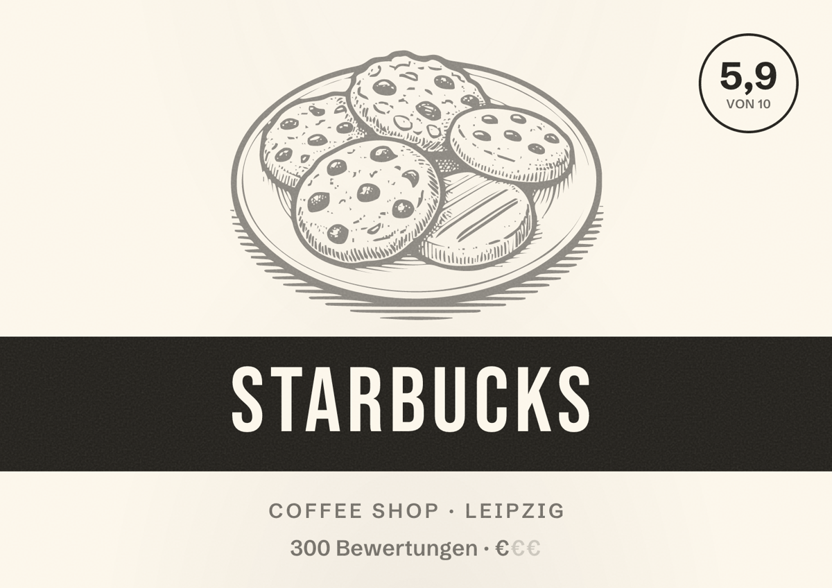 Illustriertes Poster von Starbucks, Coffee Shop in Leipzig: Bewertung 5,9 von 10 aus 300 Bewertungen, Preisniveau €