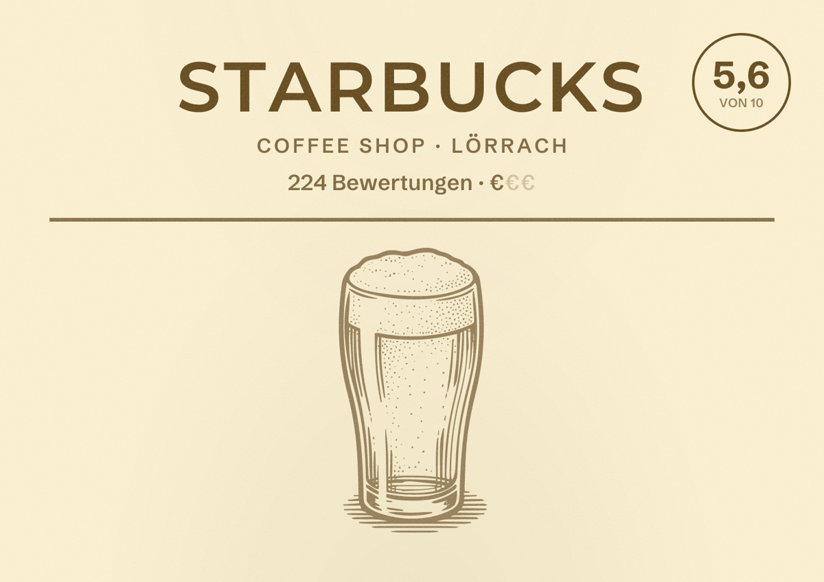 Illustriertes Poster von Starbucks, Coffee Shop in Lörrach: Bewertung 5,6 von 10 aus 224 Bewertungen, Preisniveau €