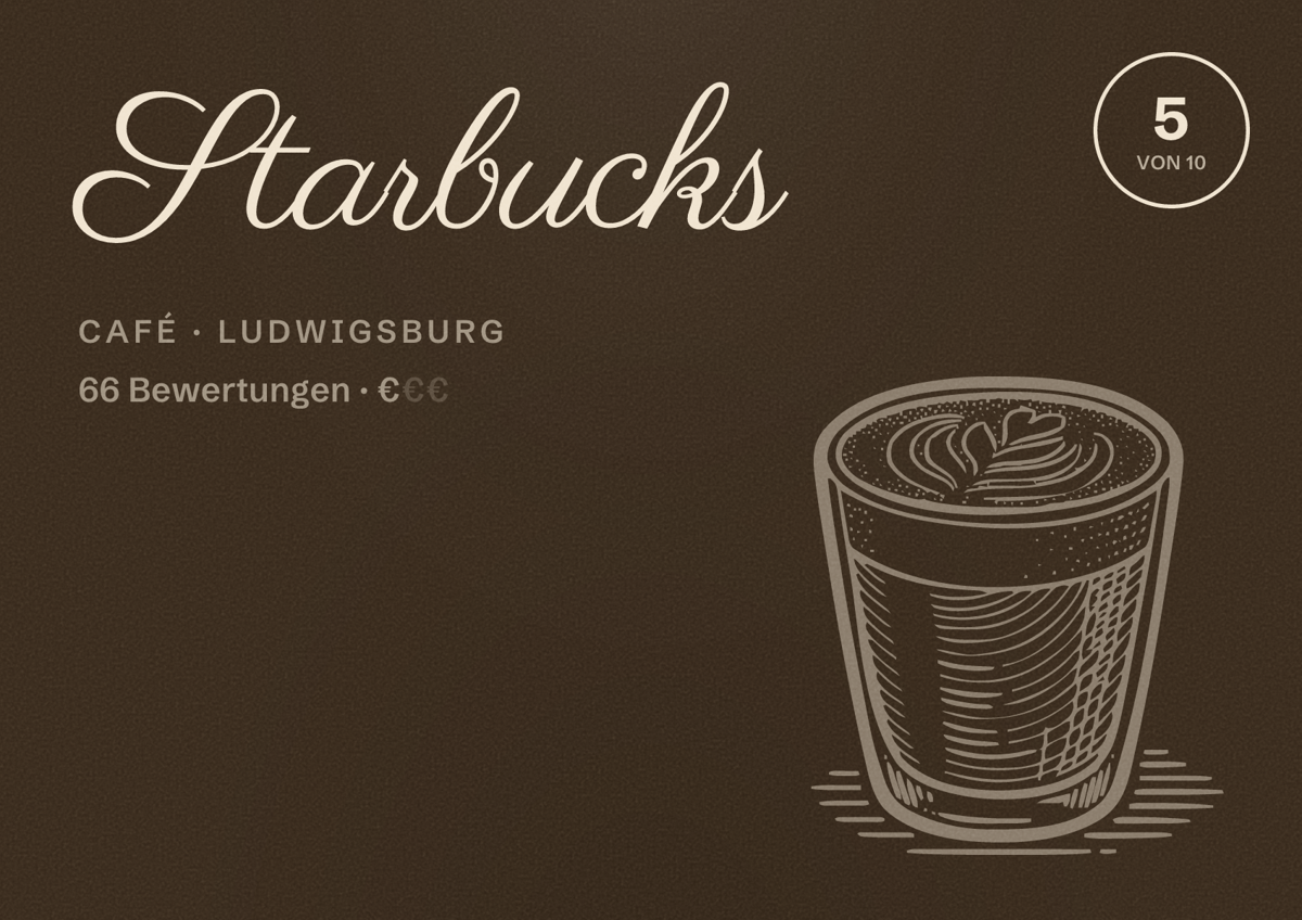 Illustriertes Poster von Starbucks, Café in Ludwigsburg: Bewertung 5 von 10 aus 66 Bewertungen, Preisniveau €