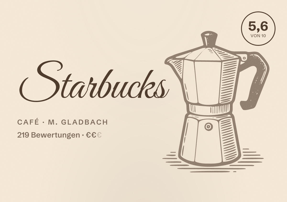 Illustriertes Poster von Starbucks, Café in M. Gladbach: Gästebewertung 5,6 von 10 aus 219 Bewertungen