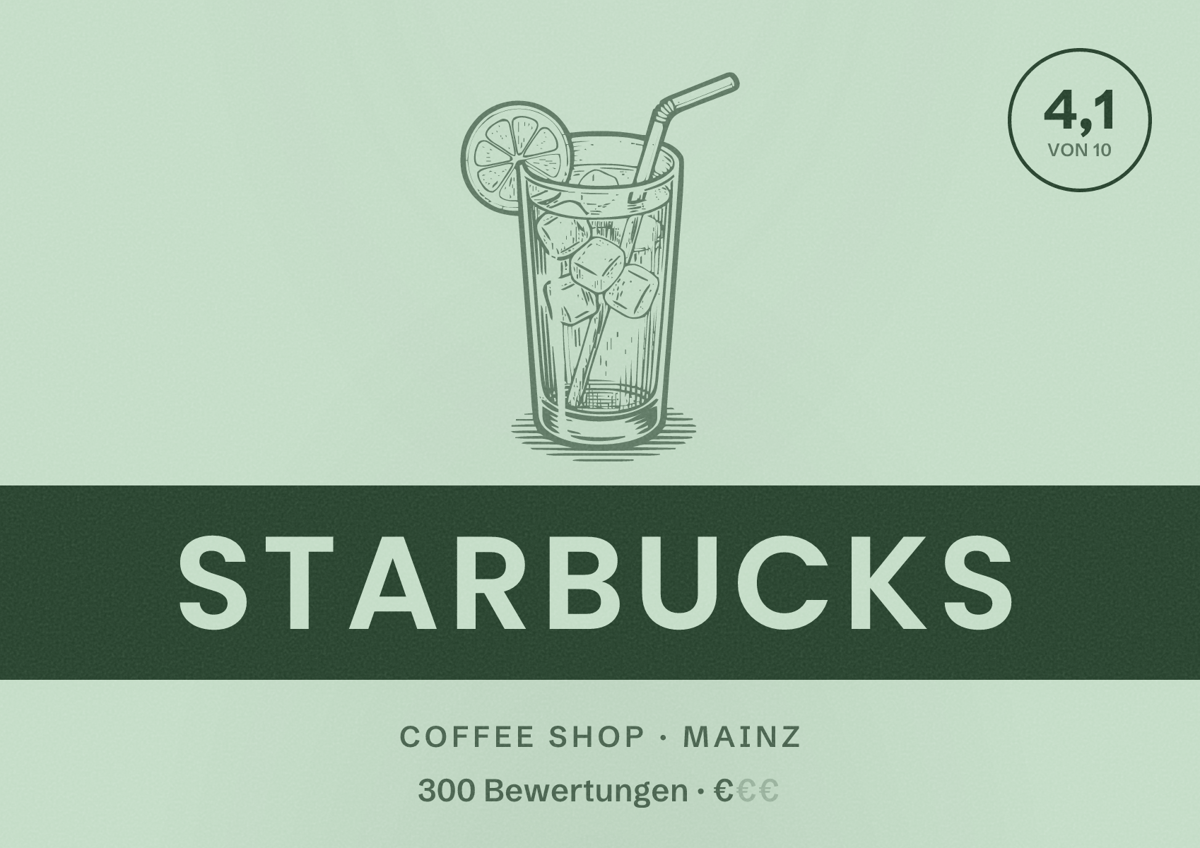 Illustriertes Poster von Starbucks, Coffee Shop in Mainz: Bewertung 4,1 von 10 aus 300 Bewertungen, Preisniveau €