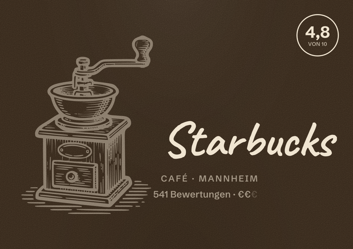 Illustriertes Poster von Starbucks, Café in Mannheim: Bewertung 4,8 von 10 aus 541 Bewertungen, Preisniveau €€