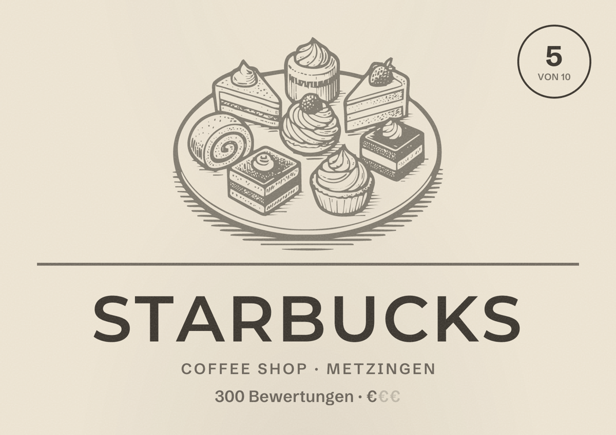 Illustriertes Poster von Starbucks, Coffee Shop in Metzingen: Bewertung 5 von 10 aus 300 Bewertungen, Preisniveau €