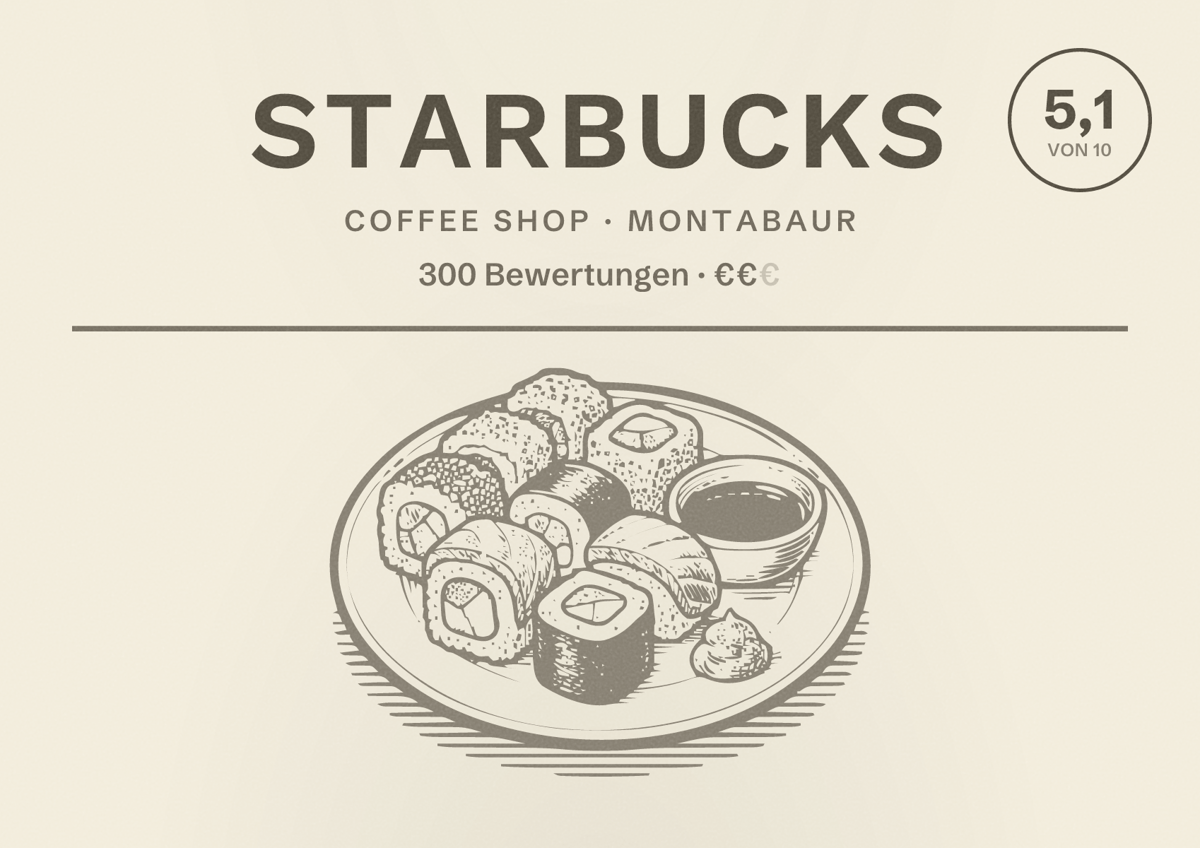 Illustriertes Poster von Starbucks, Coffee Shop in Montabaur: Bewertung 5,1 von 10 aus 300 Bewertungen, Preisniveau €€