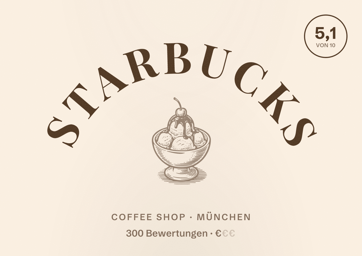 Illustriertes Poster von Starbucks, Coffee Shop in München: Bewertung 5,1 von 10 aus 300 Bewertungen, Preisniveau €
