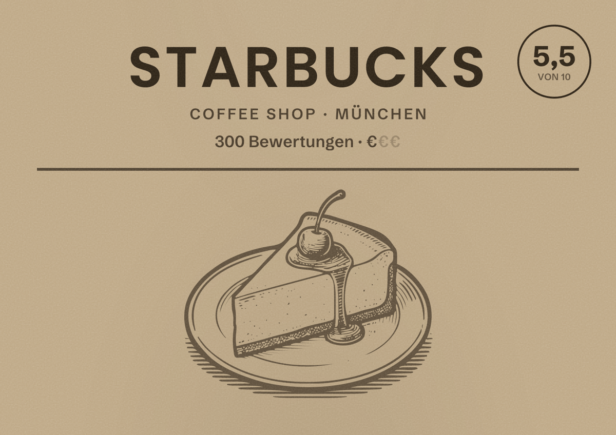 Illustriertes Poster von Starbucks, Coffee Shop in München: Bewertung 5,5 von 10 aus 300 Bewertungen, Preisniveau €