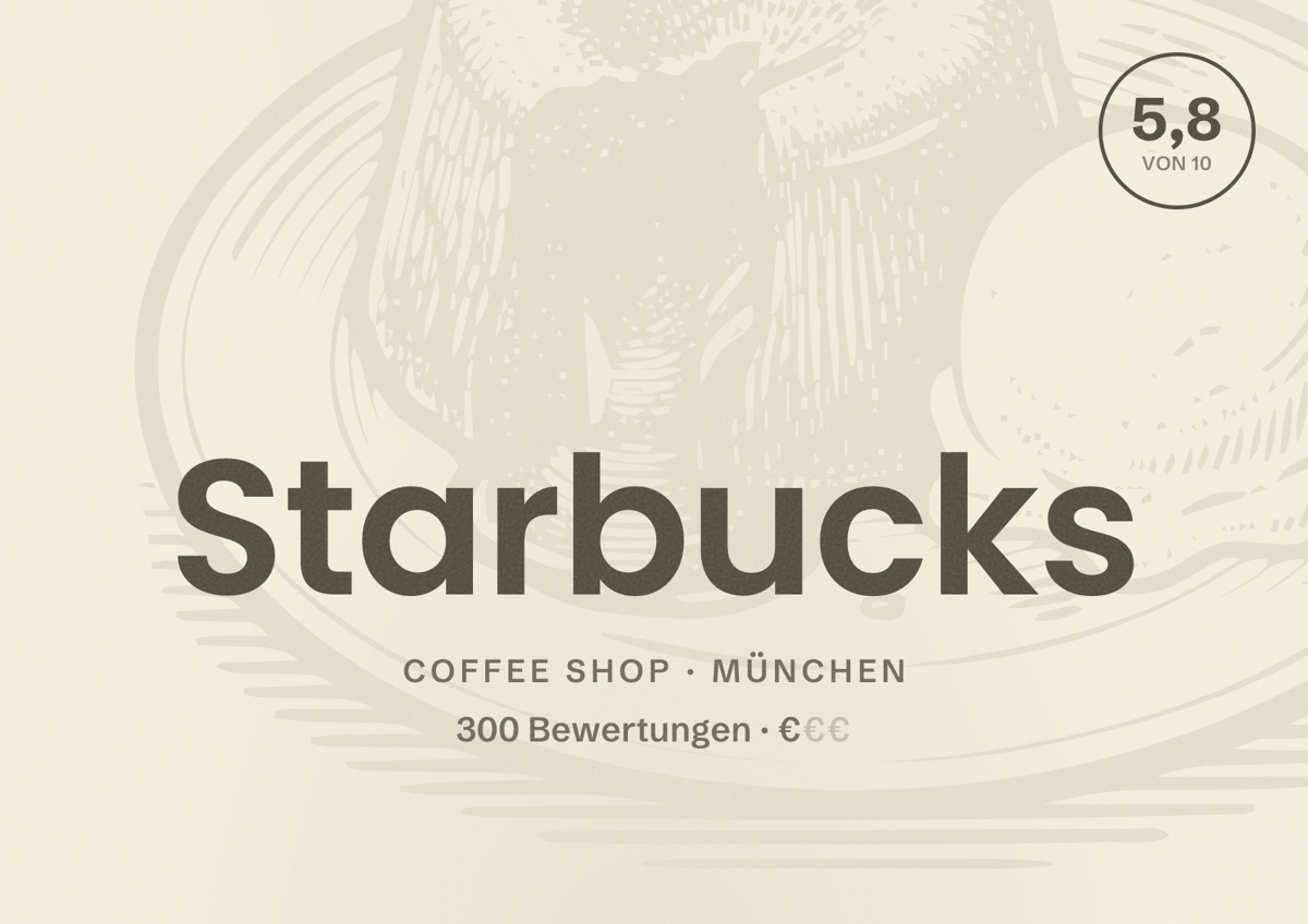 Illustriertes Poster von Starbucks, Coffee Shop in München: Bewertung 5,8 von 10 aus 300 Bewertungen, Preisniveau €