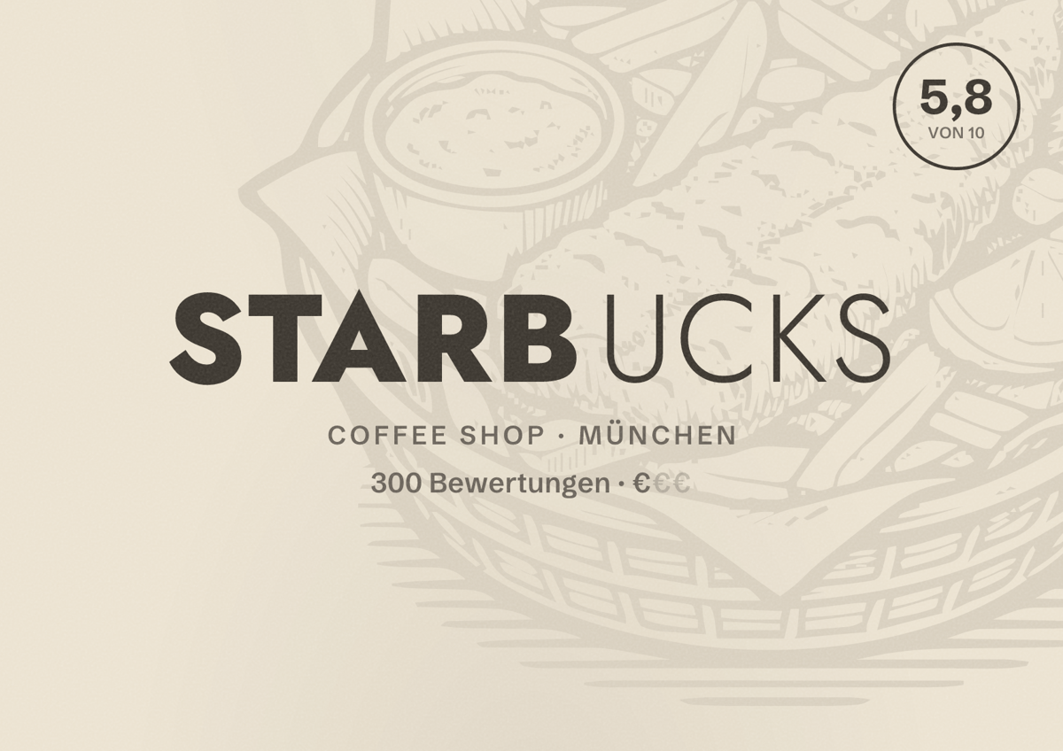 Illustriertes Poster von Starbucks, Coffee Shop in München: Bewertung 5,8 von 10 aus 300 Bewertungen, Preisniveau €