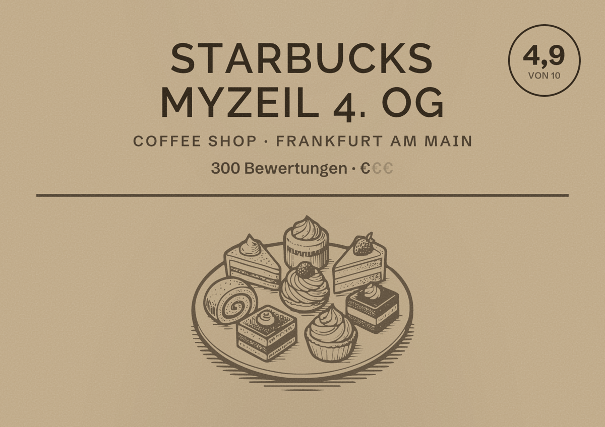 Illustriertes Poster von Starbucks MyZeil 4. OG, Coffee Shop in Frankfurt am Main: Bewertung 4,9 von 10 aus 300 Bewertungen, Preisniveau €