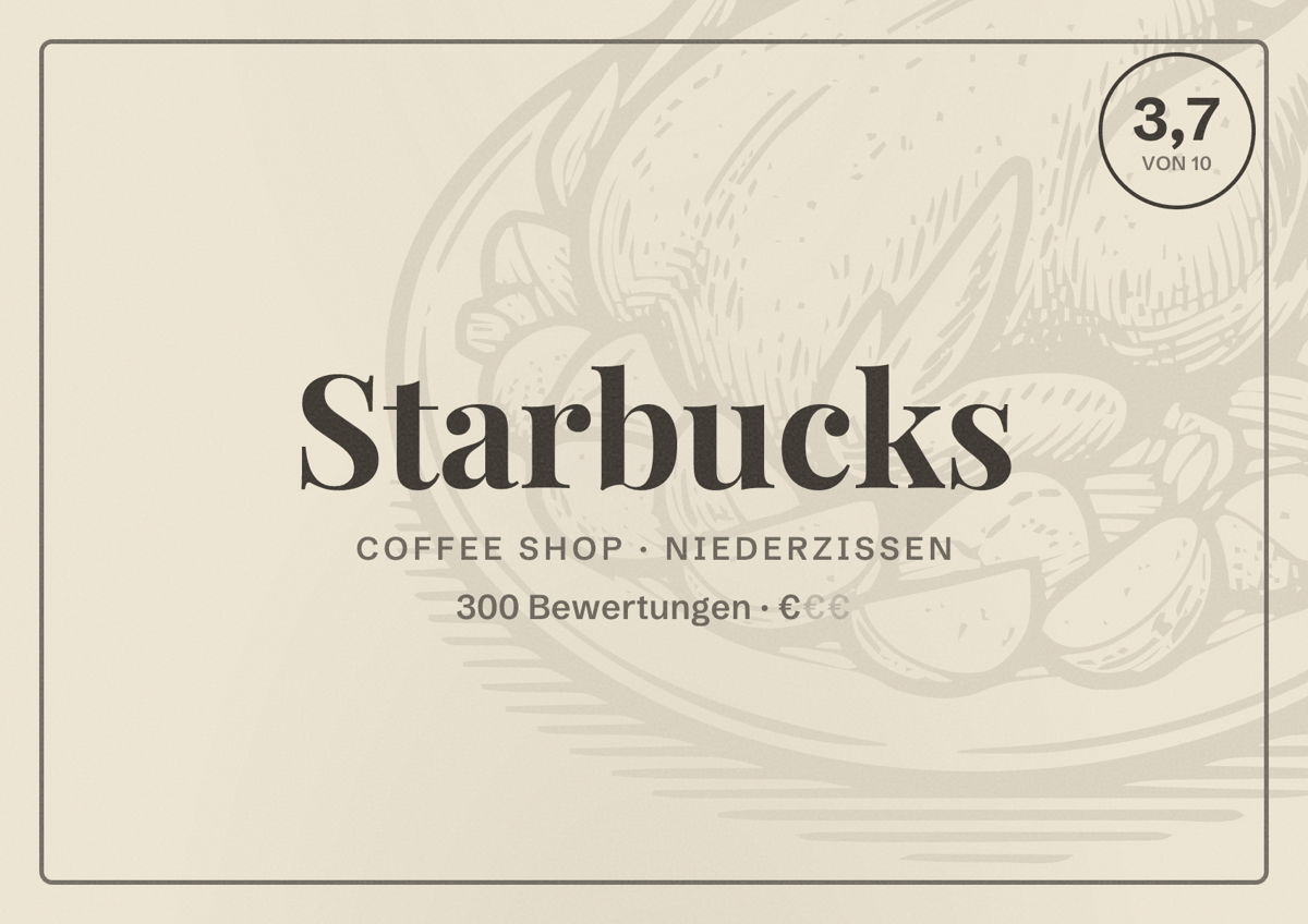Illustriertes Poster von Starbucks, Coffee Shop in Niederzissen: Bewertung 3,7 von 10 aus 300 Bewertungen, Preisniveau €