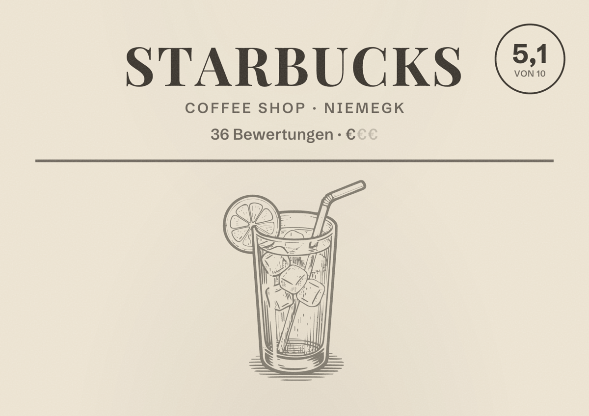 Illustriertes Poster von Starbucks, Coffee Shop in Niemegk: Bewertung 5,1 von 10 aus 36 Bewertungen, Preisniveau €