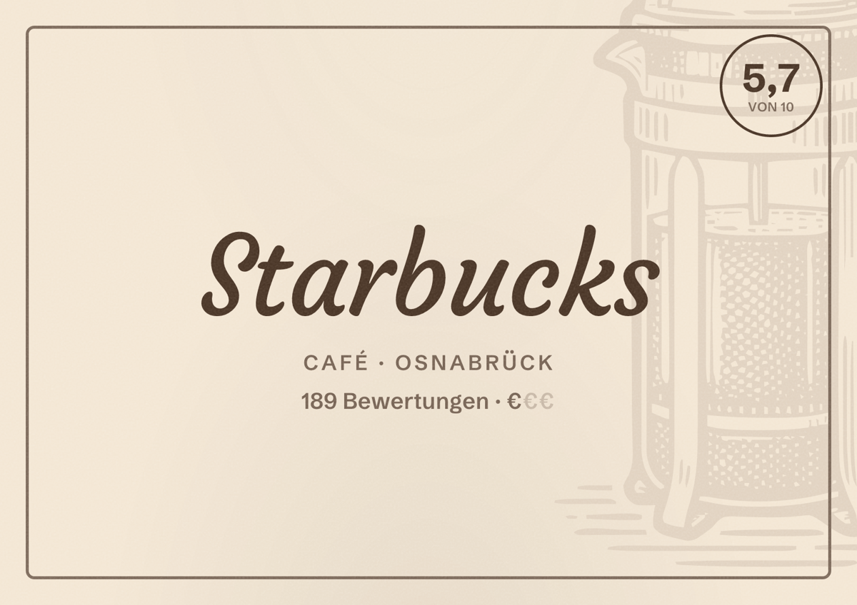 Illustriertes Poster von Starbucks, Café in Osnabrück: Bewertung 5,7 von 10 aus 189 Bewertungen, Preisniveau €