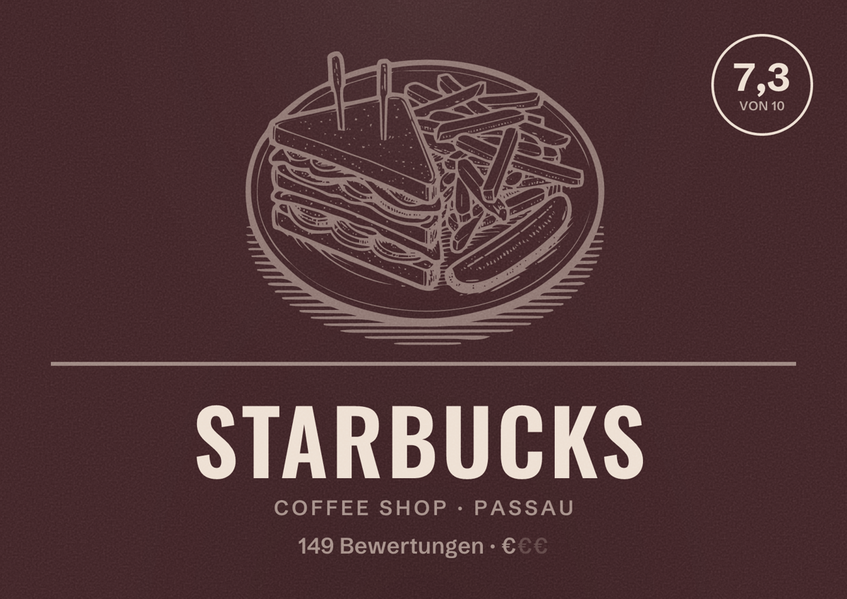 Illustriertes Poster von Starbucks, Coffee Shop in Passau: Bewertung 7,3 von 10 aus 149 Bewertungen, Preisniveau €