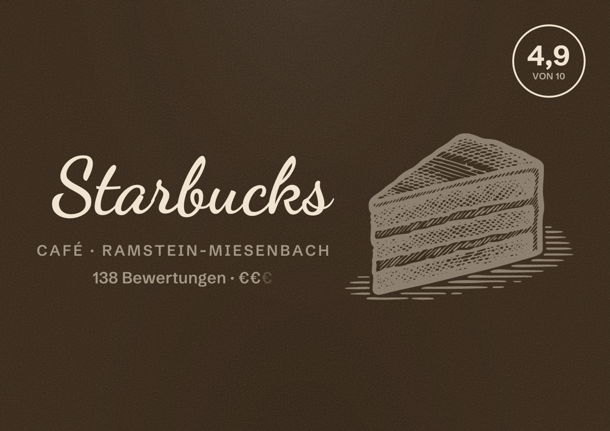 Illustriertes Poster von Starbucks, Café in Ramstein-Miesenbach: Bewertung 4,9 von 10 aus 138 Bewertungen, Preisniveau €€
