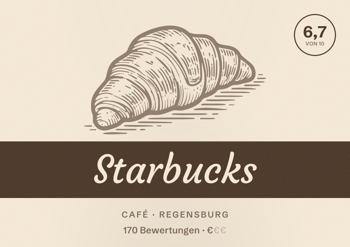 Illustriertes Poster von Starbucks, Café in Regensburg: Bewertung 6,7 von 10 aus 170 Bewertungen, Preisniveau €