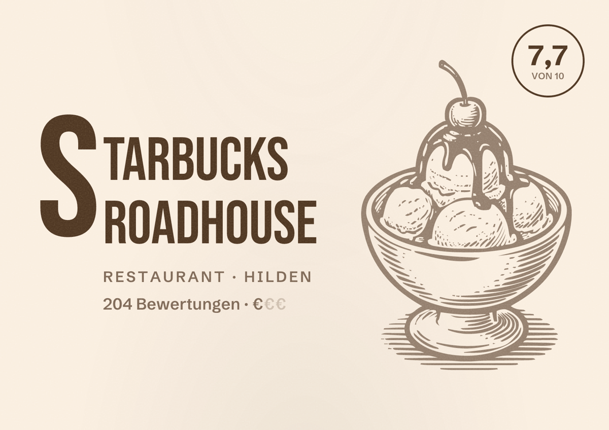 Illustriertes Poster von StarBucks Roadhouse, Restaurant in Hilden: Bewertung 7,7 von 10 aus 204 Bewertungen, Preisniveau €