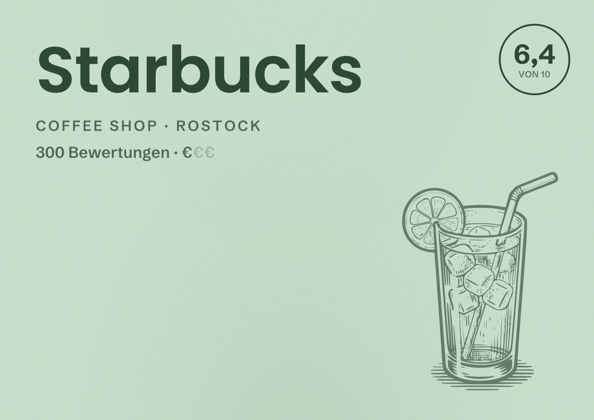 Illustriertes Poster von Starbucks, Coffee Shop in Rostock: Bewertung 6,4 von 10 aus 300 Bewertungen, Preisniveau €