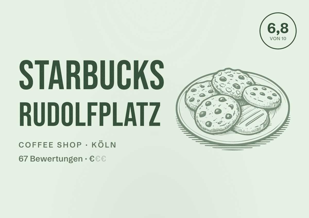 Illustriertes Poster von Starbucks Rudolfplatz, Coffee Shop in Köln: Bewertung 6,8 von 10 aus 67 Bewertungen, Preisniveau €
