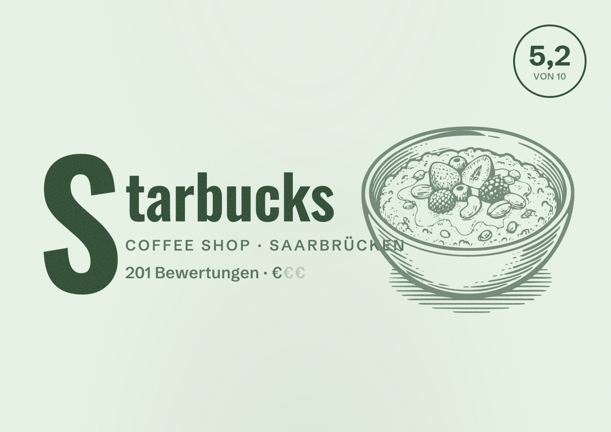 Illustriertes Poster von Starbucks, Coffee Shop in Saarbrücken: Bewertung 5,2 von 10 aus 201 Bewertungen, Preisniveau €
