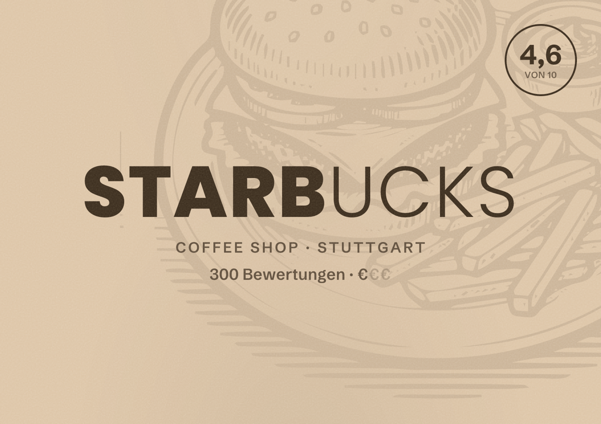 Illustriertes Poster von Starbucks, Coffee Shop in Stuttgart: Bewertung 4,6 von 10 aus 300 Bewertungen, Preisniveau €