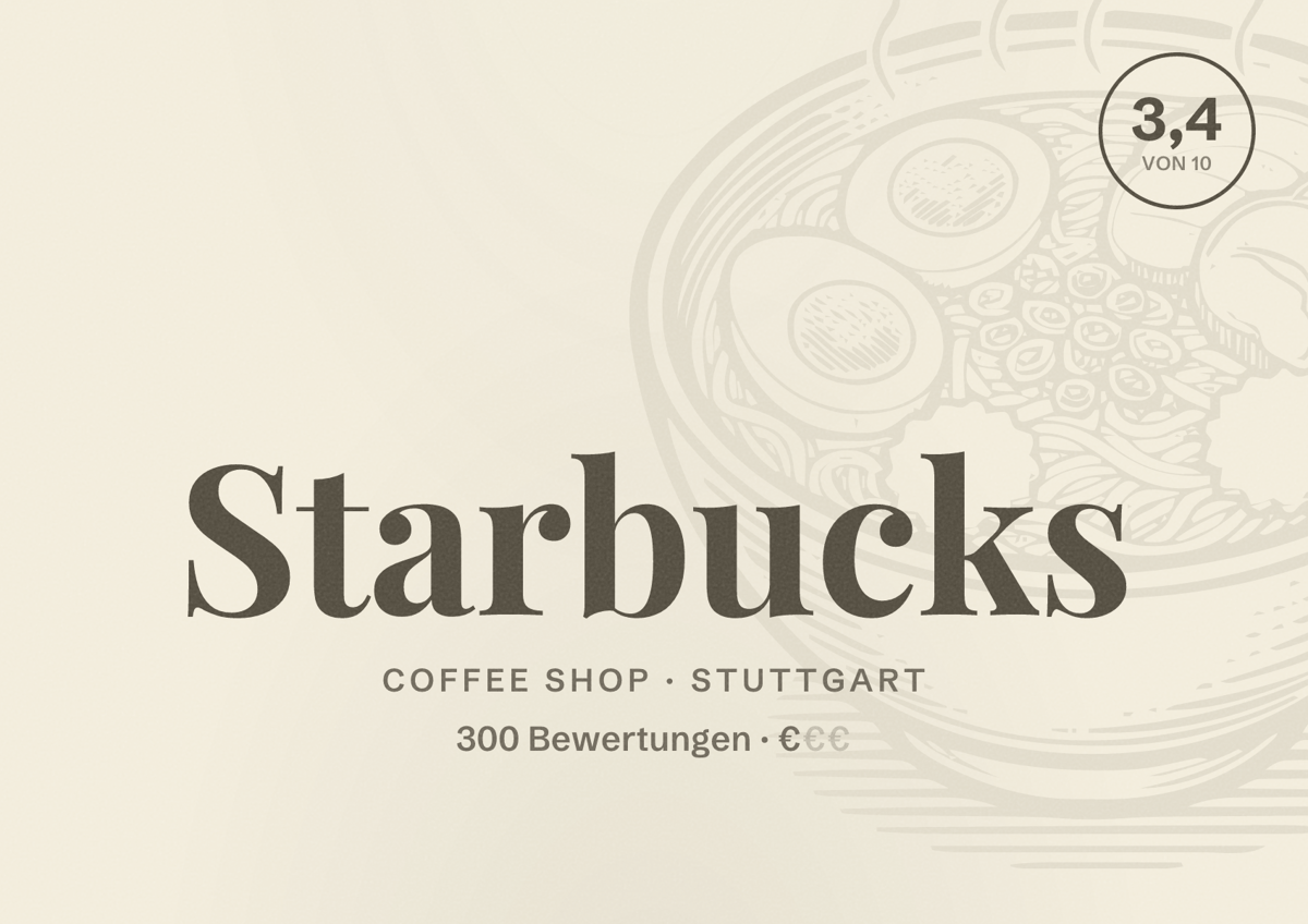 Illustriertes Poster von Starbucks, Coffee Shop in Stuttgart: Bewertung 3,4 von 10 aus 300 Bewertungen, Preisniveau €