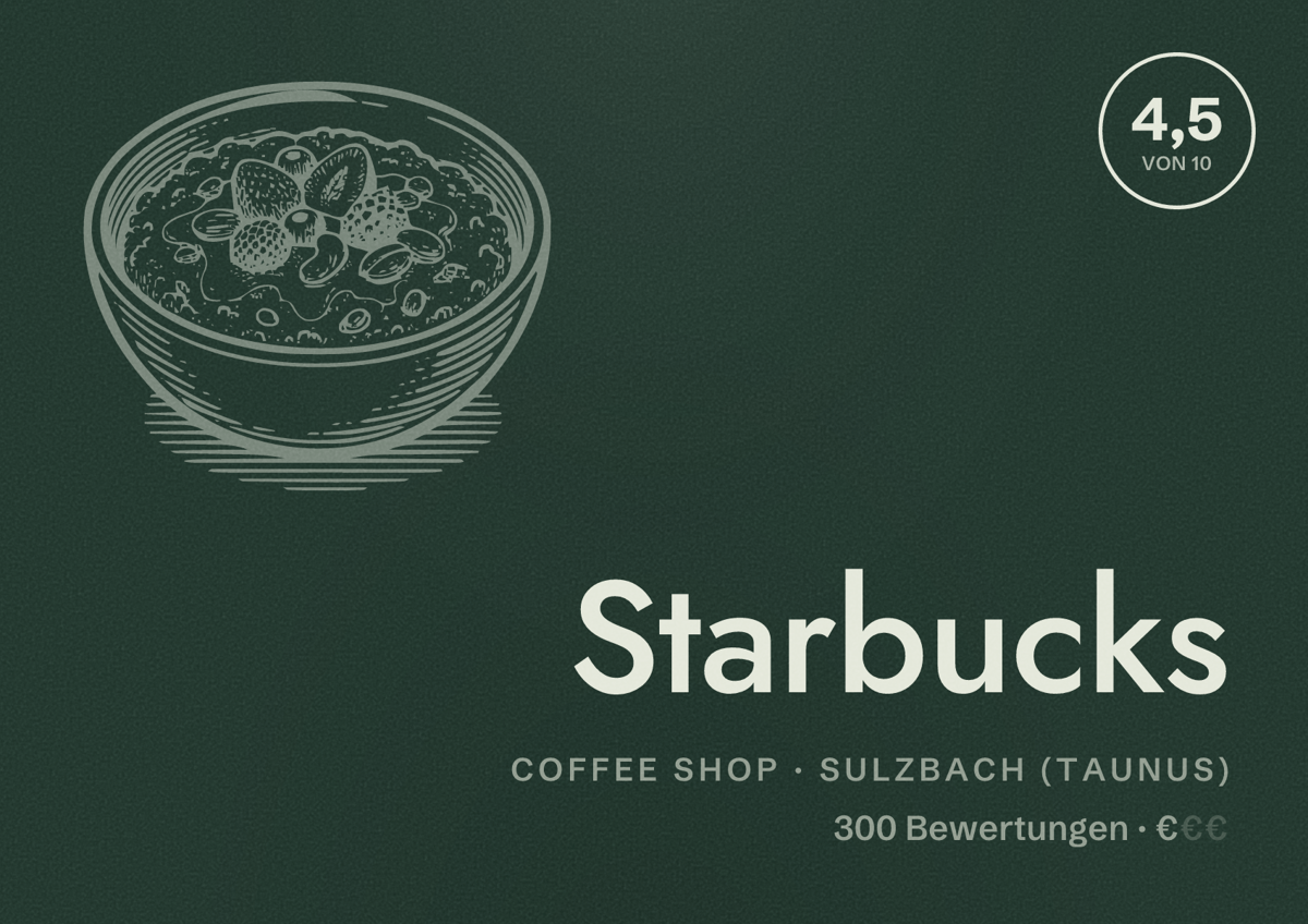 Illustriertes Poster von Starbucks, Coffee Shop in Sulzbach (Taunus): Bewertung 4,5 von 10 aus 300 Bewertungen, Preisniveau €