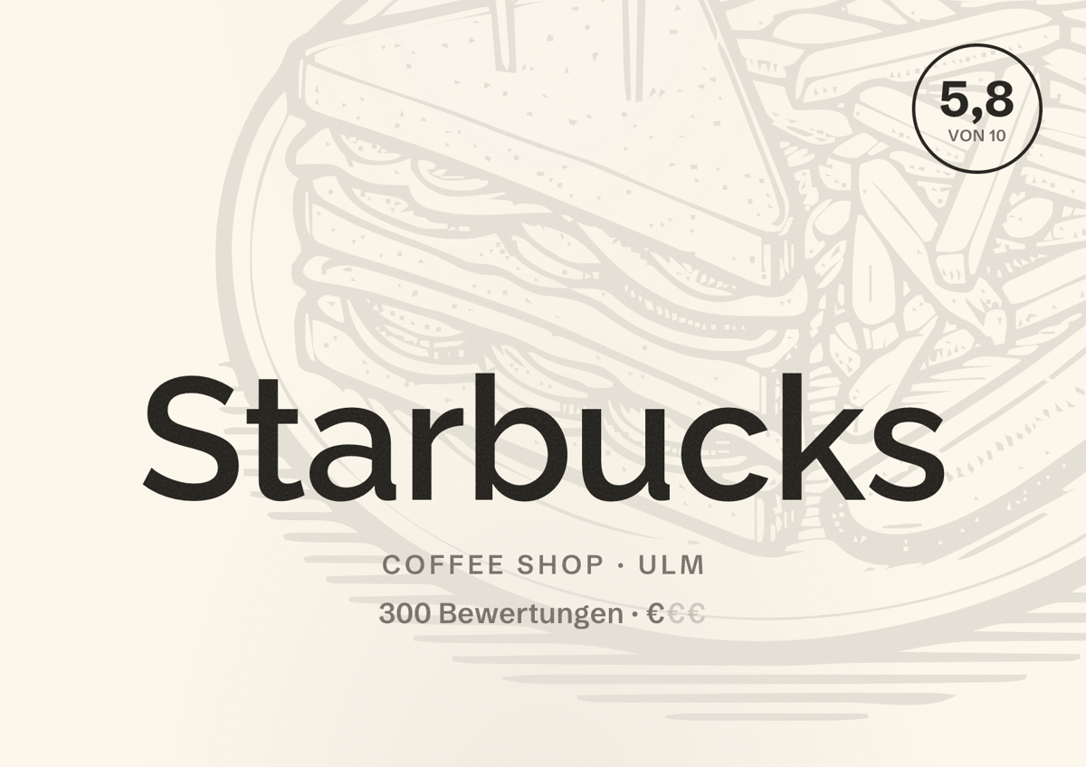 Illustriertes Poster von Starbucks, Coffee Shop in Ulm: Bewertung 5,8 von 10 aus 300 Bewertungen, Preisniveau €