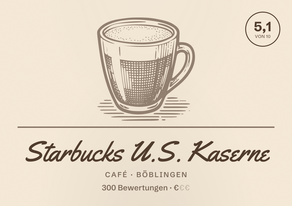 Illustriertes Poster von Starbucks U.S. Kaserne, Café in Böblingen: Bewertung 5,1 von 10 aus 300 Bewertungen, Preisniveau €