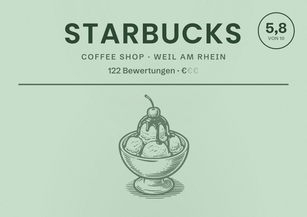 Illustriertes Poster von Starbucks, Coffee Shop in Weil am Rhein: Bewertung 5,8 von 10 aus 122 Bewertungen, Preisniveau €