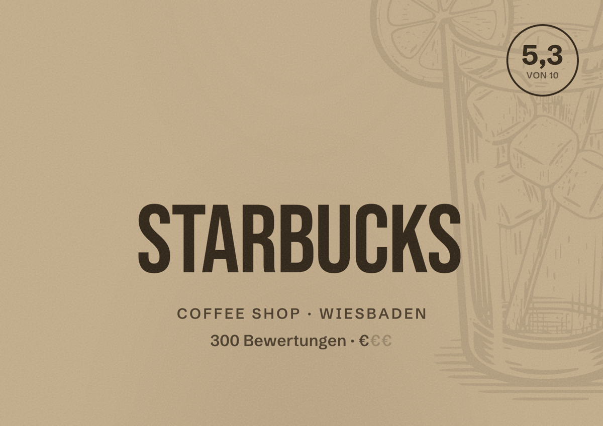 Illustriertes Poster von Starbucks, Coffee Shop in Wiesbaden: Bewertung 5,3 von 10 aus 300 Bewertungen, Preisniveau €