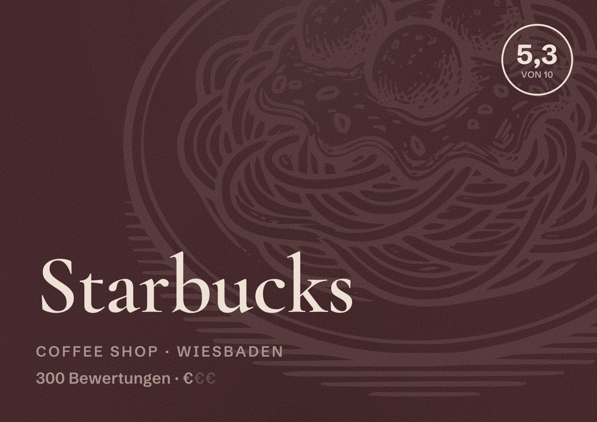 Illustriertes Poster von Starbucks, Coffee Shop in Wiesbaden: Bewertung 5,3 von 10 aus 300 Bewertungen, Preisniveau €