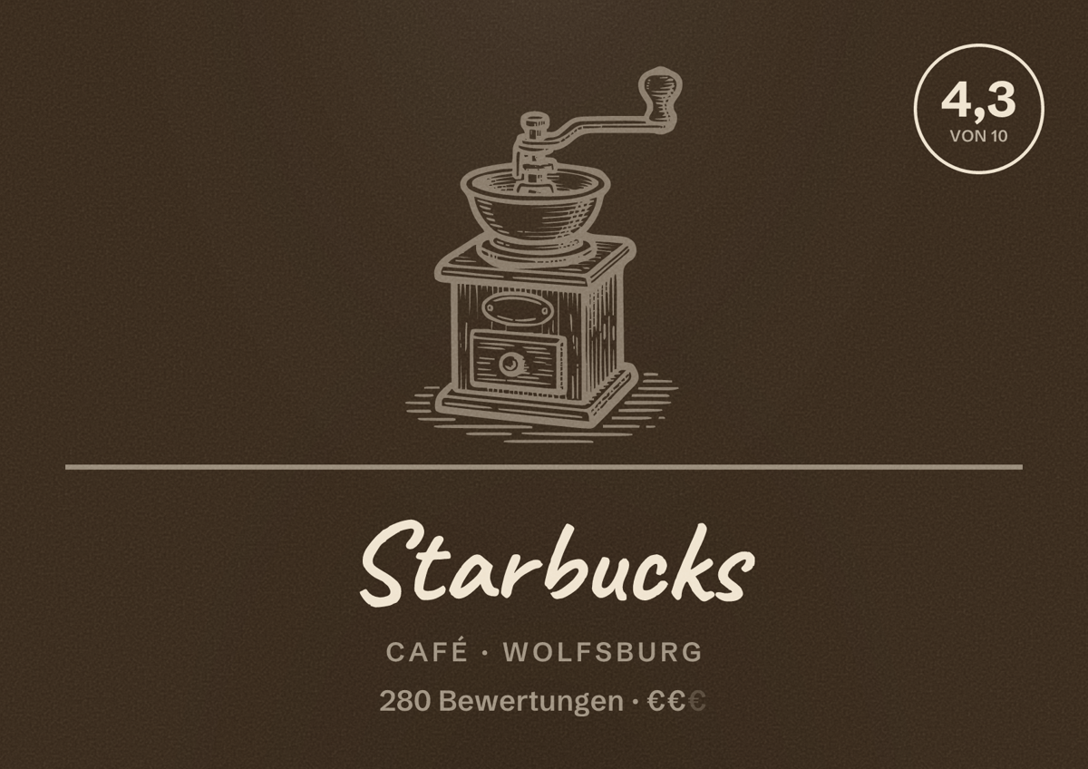 Illustriertes Poster von Starbucks, Café in Wolfsburg: Bewertung 4,3 von 10 aus 280 Bewertungen, Preisniveau €€