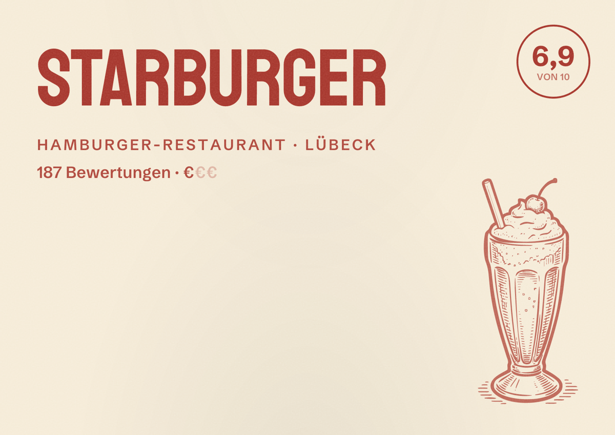 Illustriertes Poster von Starburger, Hamburger-Restaurant in Lübeck: Bewertung 6,9 von 10 aus 187 Bewertungen, Preisniveau €