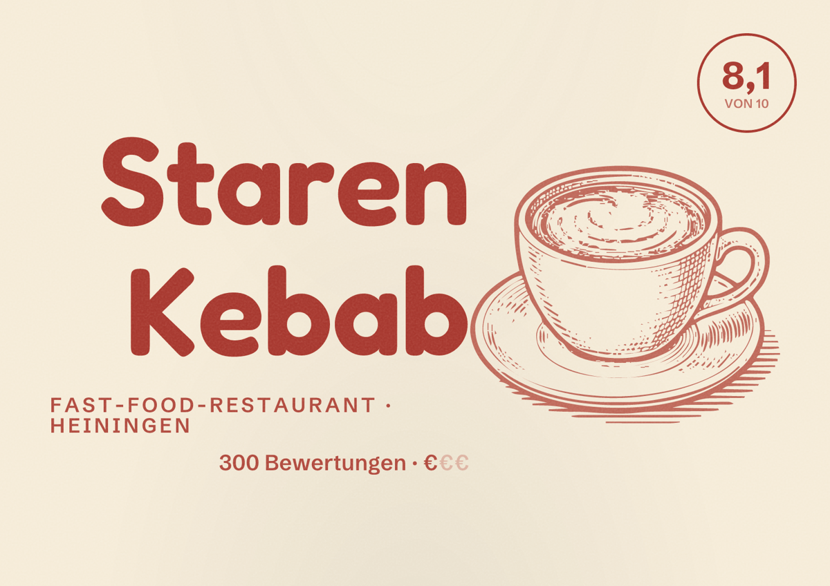 Illustriertes Poster von Staren Kebab, Fast-Food-Restaurant in Heiningen: Bewertung 8,1 von 10 aus 300 Bewertungen, Preisniveau €