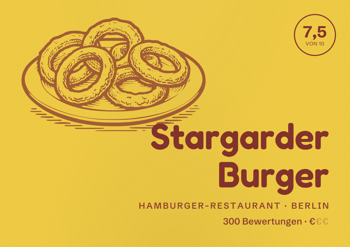Illustriertes Poster von Stargarder Burger, Hamburger-Restaurant in Berlin: Bewertung 7,5 von 10 aus 300 Bewertungen, Preisniveau €