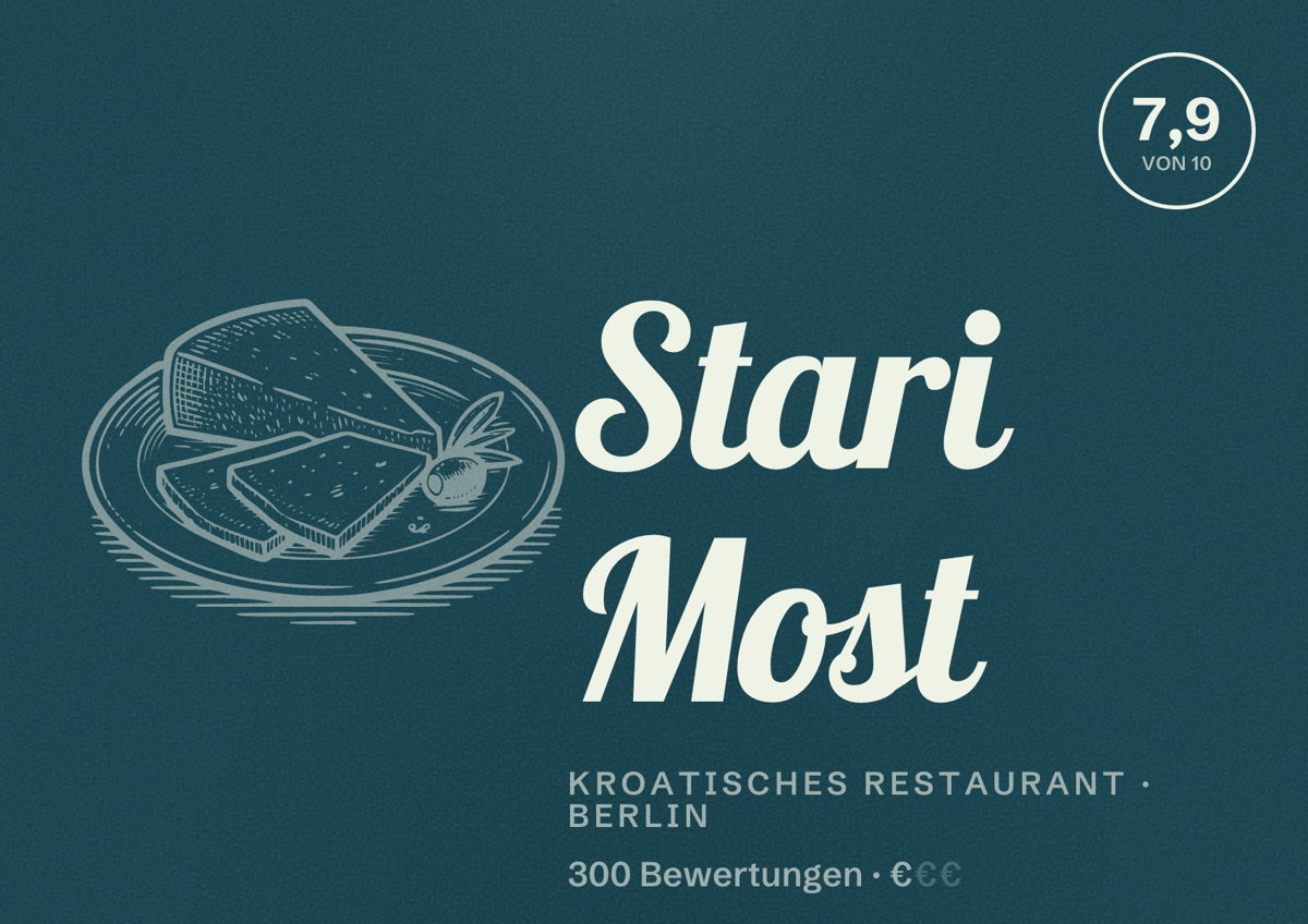 Illustriertes Poster von Stari Most, Kroatisches Restaurant in Berlin: Bewertung 7,9 von 10 aus 300 Bewertungen, Preisniveau €