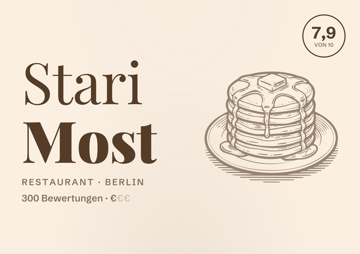 Illustriertes Poster von Stari Most, Restaurant in Berlin: Bewertung 7,9 von 10 aus 300 Bewertungen, Preisniveau €