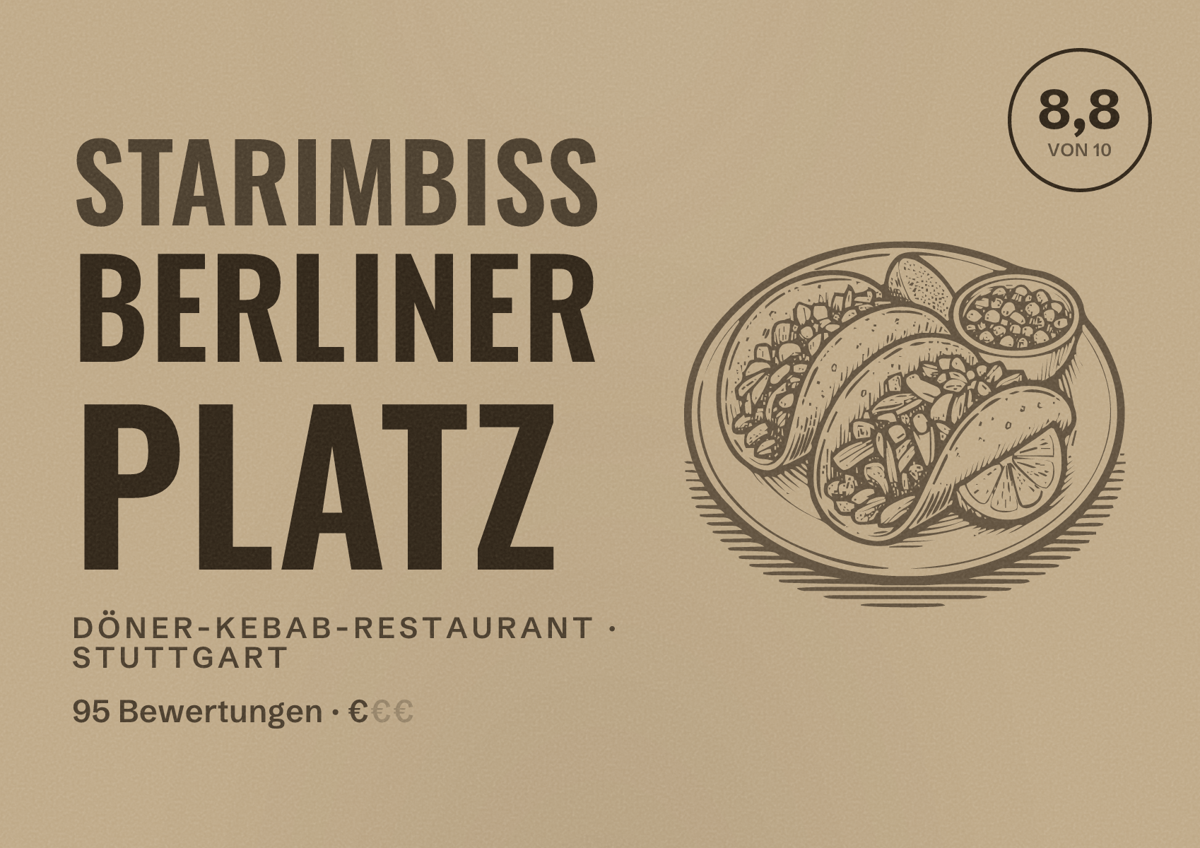 Illustriertes Poster von Starimbiss Berliner Platz, Döner-Kebab-Restaurant in Stuttgart: Bewertung 8,8 von 10 aus 95 Bewertungen, Preisniveau €