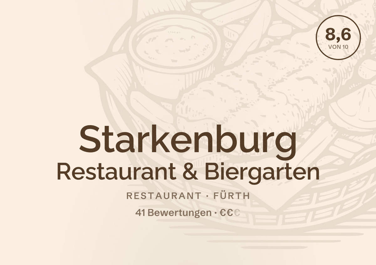 Illustriertes Poster von Starkenburg Restaurant & Biergarten, Restaurant in Fürth: Bewertung 8,6 von 10 aus 41 Bewertungen, Preisniveau €€