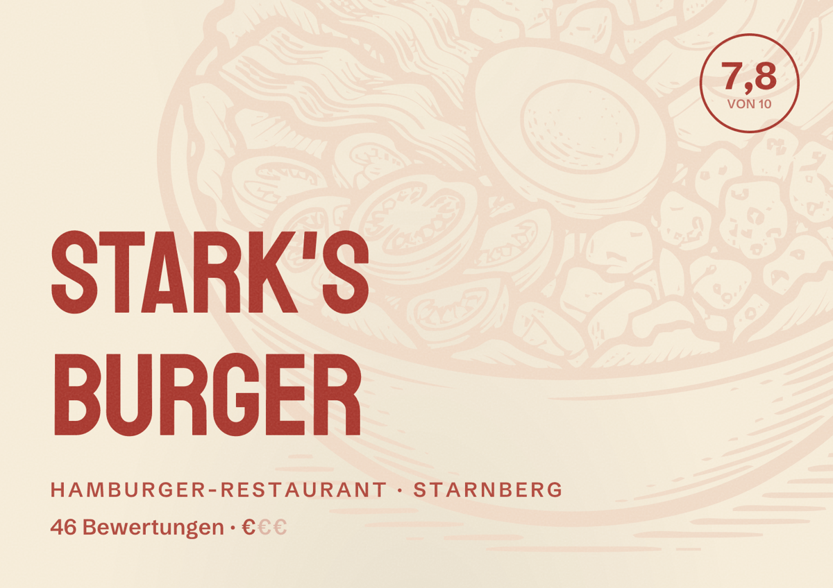 Illustriertes Poster von Stark's Burger, Hamburger-Restaurant in Starnberg: Bewertung 7,8 von 10 aus 46 Bewertungen, Preisniveau €