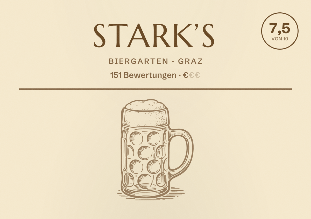 Illustriertes Poster von stark’s, Biergarten in Graz: Bewertung 7,5 von 10 aus 151 Bewertungen, Preisniveau €