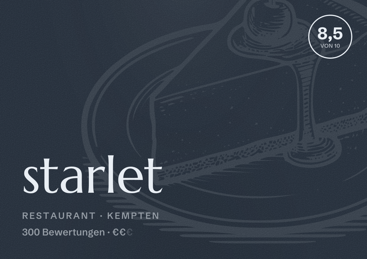 Illustriertes Poster von starlet, Restaurant in Kempten: Bewertung 8,5 von 10 aus 300 Bewertungen, Preisniveau €€