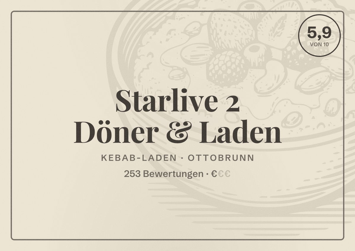Illustriertes Poster von Starlive 2 Döner & Laden, Kebab-Laden in Ottobrunn: Bewertung 5,9 von 10 aus 253 Bewertungen, Preisniveau €