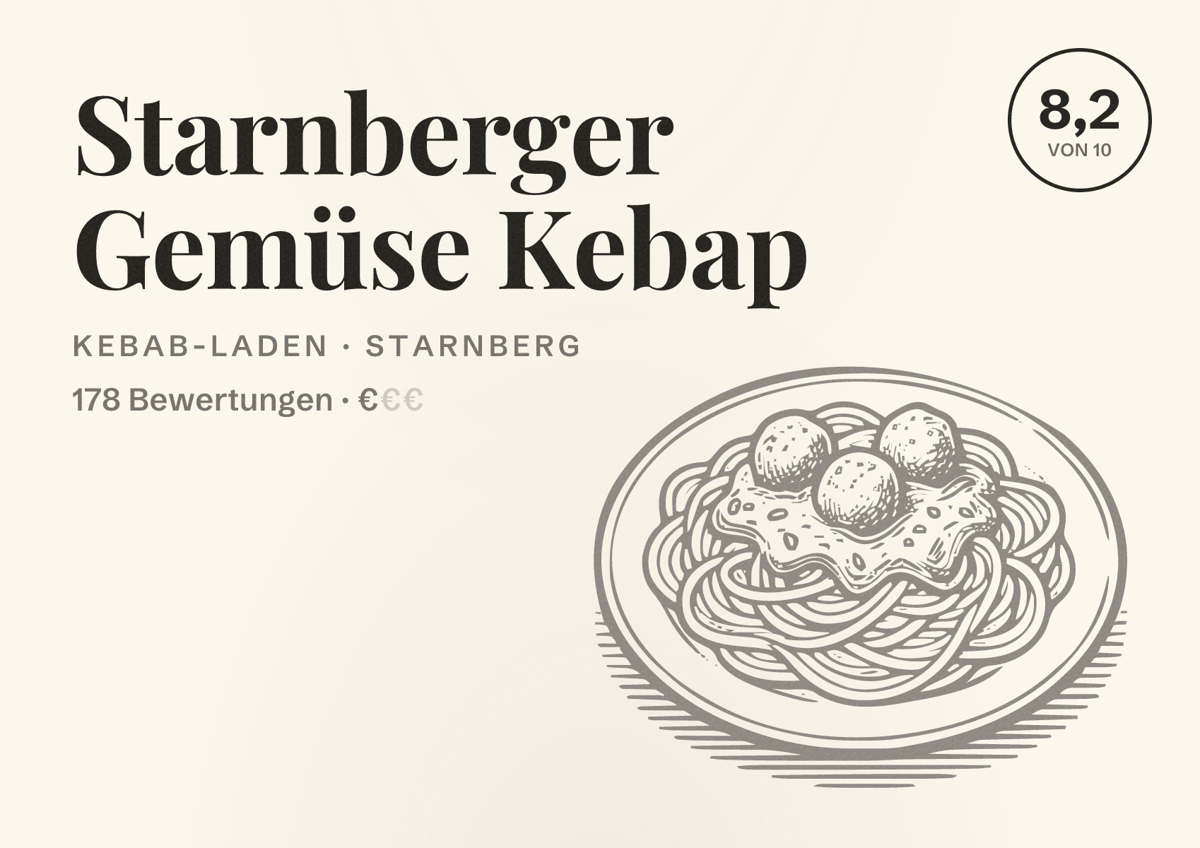 Illustriertes Poster von Starnberger Gemüse Kebap, Kebab-Laden in Starnberg: Bewertung 8,2 von 10 aus 178 Bewertungen, Preisniveau €
