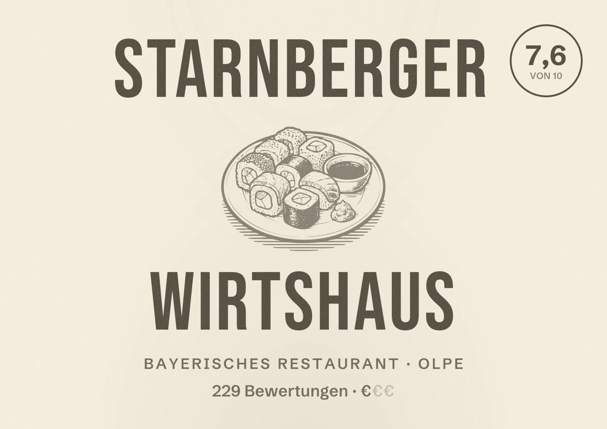 Illustriertes Poster von Starnberger Wirtshaus, Bayerisches Restaurant in Olpe: Bewertung 7,6 von 10 aus 229 Bewertungen, Preisniveau €