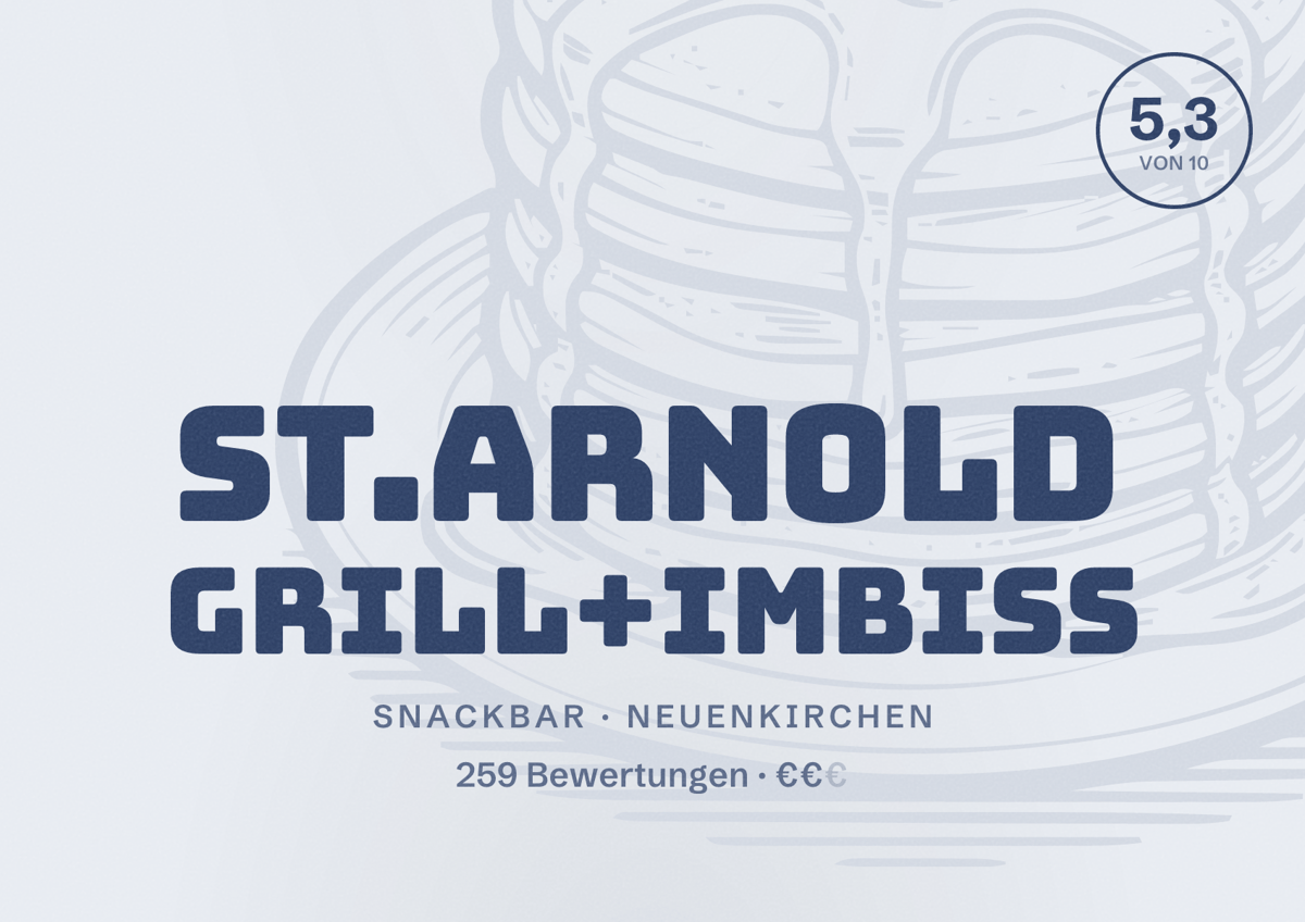 Illustriertes Poster von St.Arnold Grill+Imbiss, Snackbar in Neuenkirchen: Bewertung 5,3 von 10 aus 259 Bewertungen, Preisniveau €€