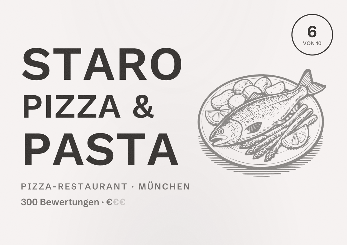 Illustriertes Poster von Staro Pizza & Pasta, Pizza-Restaurant in München: Bewertung 6,0 von 10 aus 300 Bewertungen, Preisniveau €