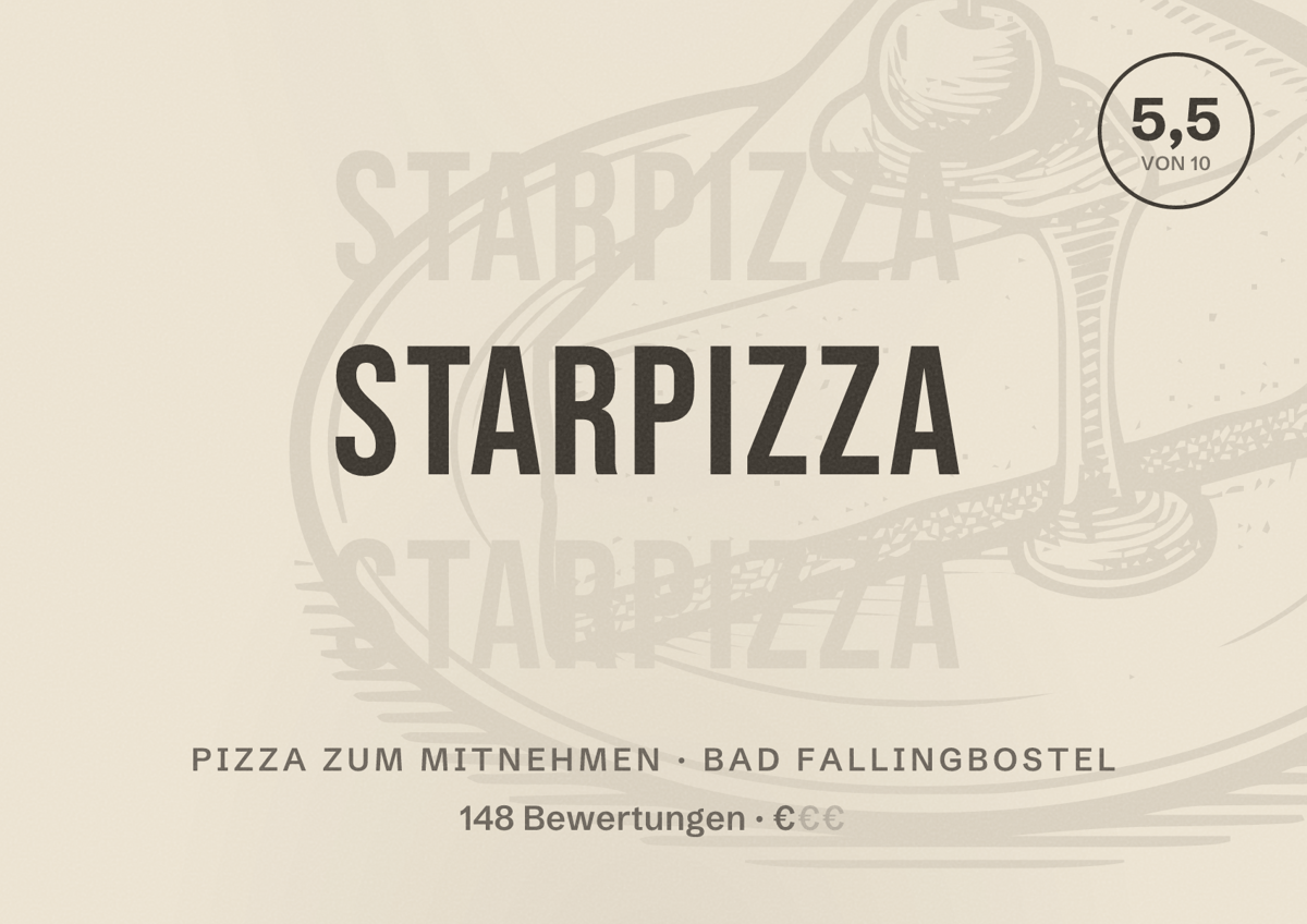 Illustriertes Poster von StarPizza, Pizza zum Mitnehmen in Bad Fallingbostel: Bewertung 5,5 von 10 aus 148 Bewertungen, Preisniveau €