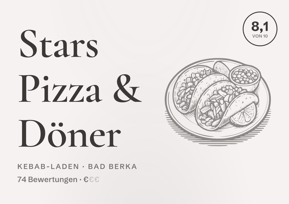Illustriertes Poster von Stars Pizza & Döner, Kebab-Laden in Bad Berka: Bewertung 8,1 von 10 aus 74 Bewertungen, Preisniveau €